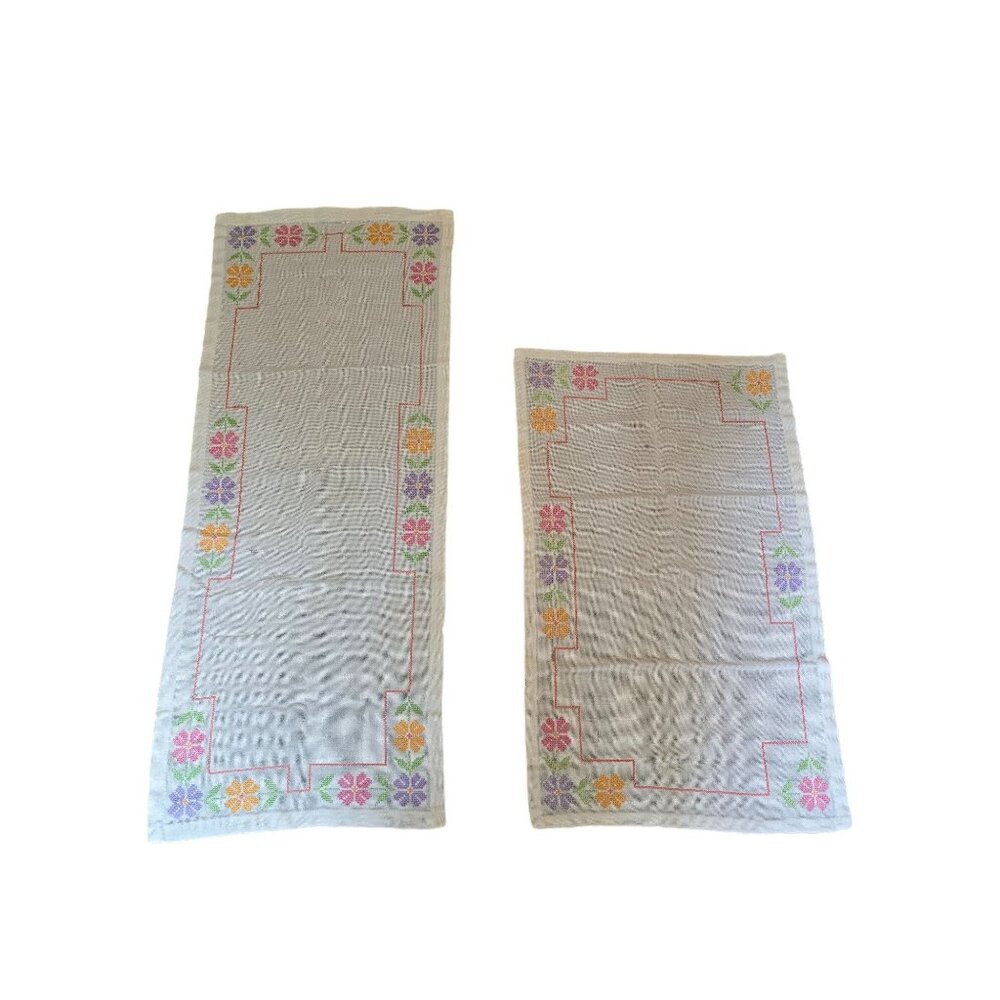 Vintage Hand-Embroidered Linen Table Runners Set of 2 Floral Pattern 34" x 17" &